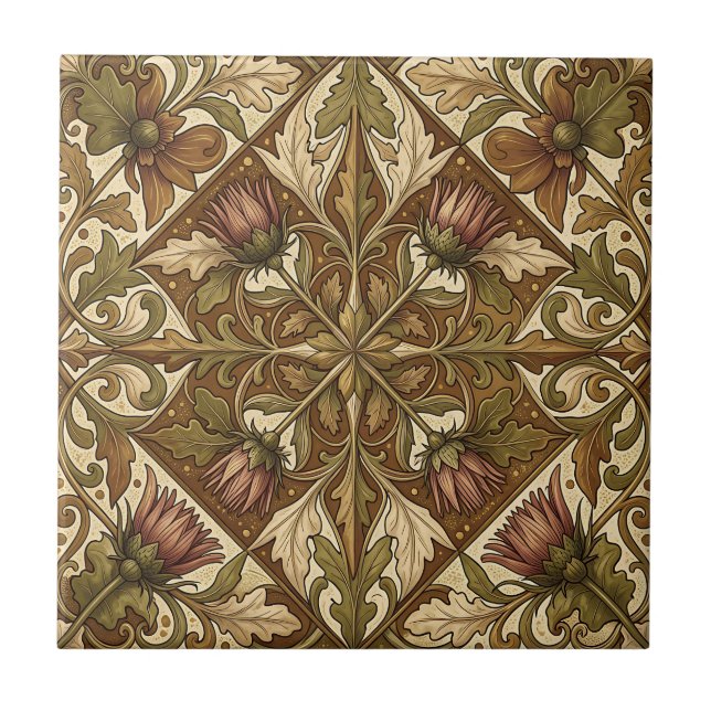 Warm Brown Thistle Floral Pattern Victorian Ceramic Tile (Front)