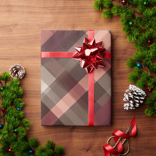 Warm Burgundy Brown Autumn Clay Plaid Pattern Wrapping Paper (Holiday Gift)
