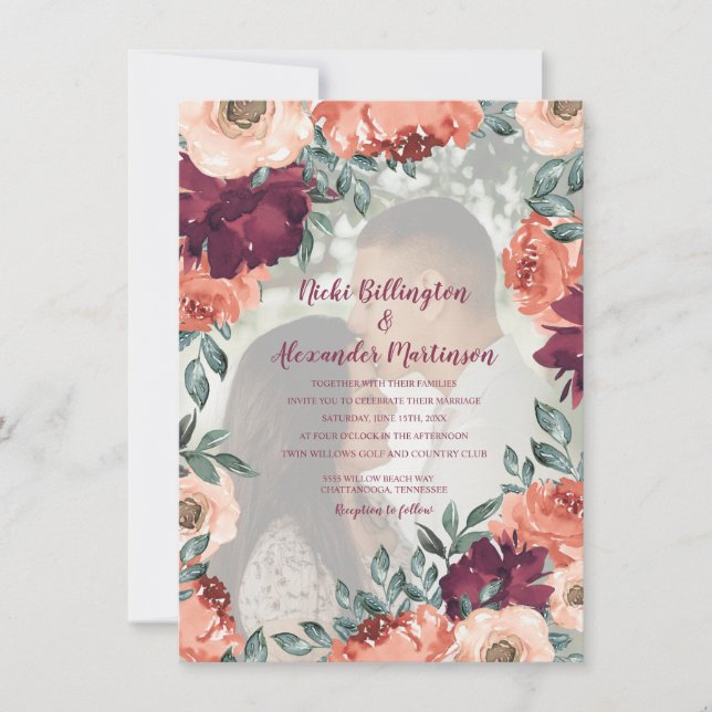 Warm Burnt Orange Burgundy Floral Wedding Photo Invitation (Front)