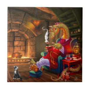 Warm By The Fire Cartoon Dragon Ceramic Tile