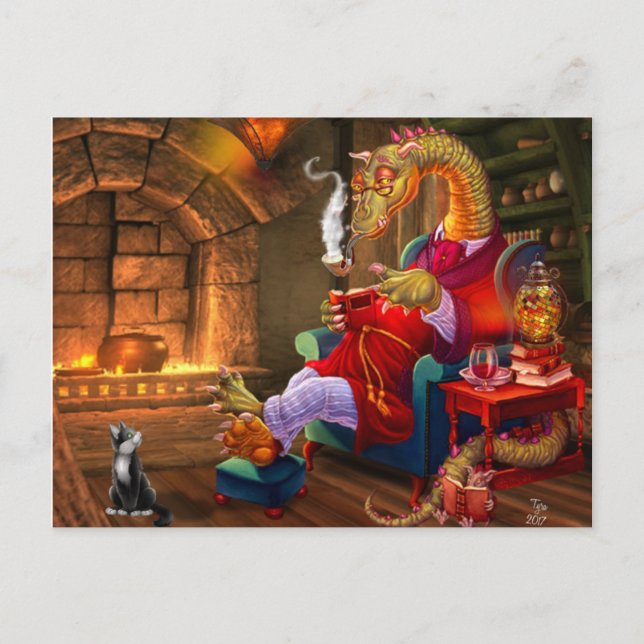 Warm By The Fire Cartoon Dragon Postcard (Front)