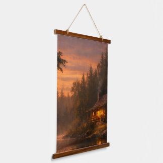 Warm Cabin at Dusk Vertical Wall Tapestry