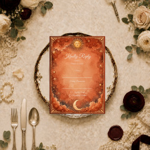Warm Celestial Sun Moon Wedding RSVP Card