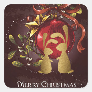 Warm Charming Bunnies n' Mistletoe Merry Christmas Square Sticker