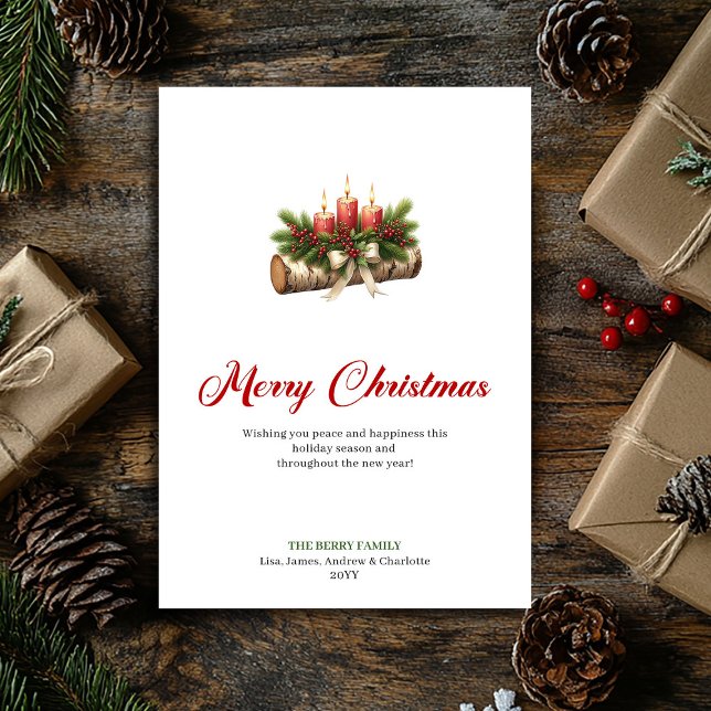Warm Christmas candles on rustic log greeting Holiday Card (Warm Christmas candles on rustic log greeting Holiday Card)