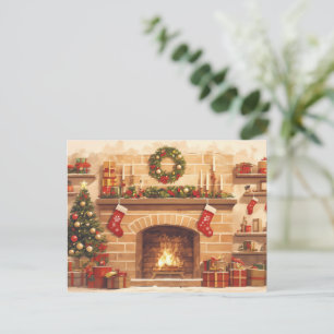 Warm Christmas Fireplace Scene Holiday Postcard