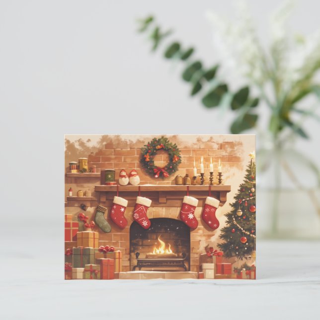 Warm Christmas Fireplace Scene Holiday Postcard (Standing Front)