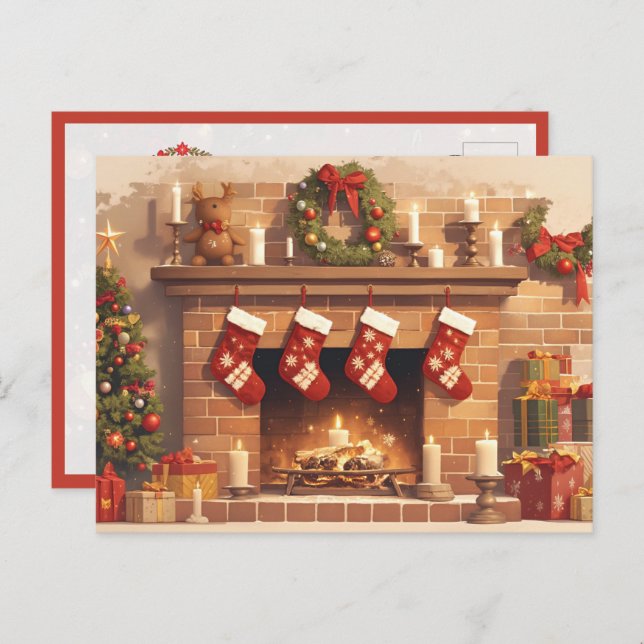 Warm Christmas Fireplace Scene Postcard (Front/Back)