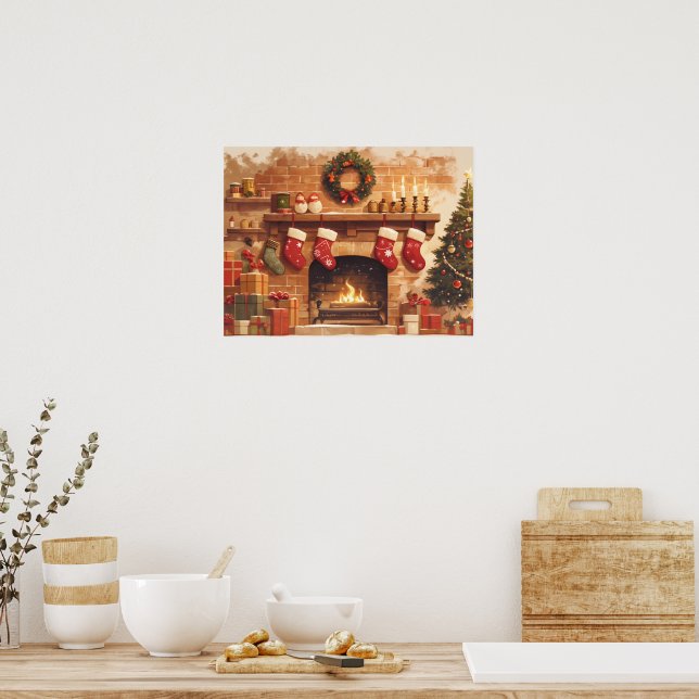 Warm Christmas Fireplace Scene Poster (Kitchen)