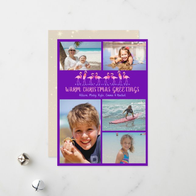 Warm Christmas Greetings Flamingos Photo Collage Holiday Card (Front/Back In Situ)