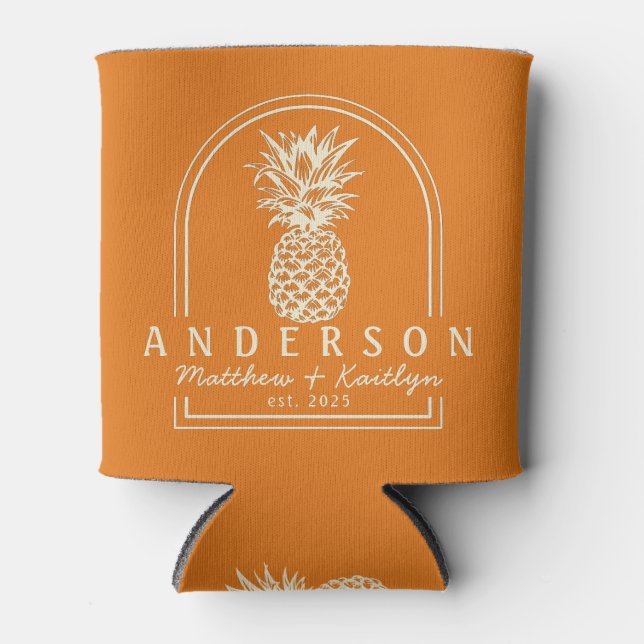 Warm Citrus Pineapple Wedding Arch & Name Can Cooler (Front)