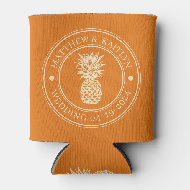 Warm Citrus Pineapple Wedding Crest & Names Can Cooler (Front)