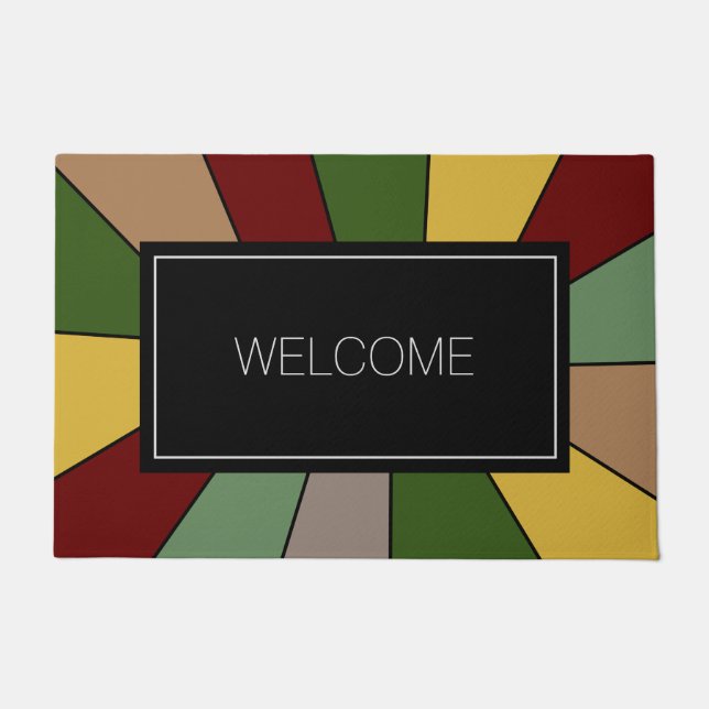 Warm Colourful Mosaic Design on Black Welcome Doormat (Front)