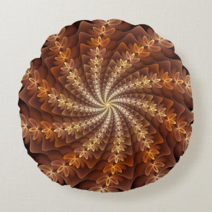 Warm Colours, Trippy Modern Fractal Art Pattern Round Cushion