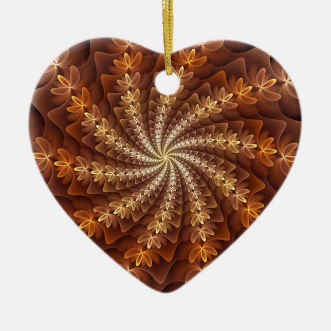 Warm Colours, Trippy Modern Fractal Pattern Heart Ceramic Ornament (Front)