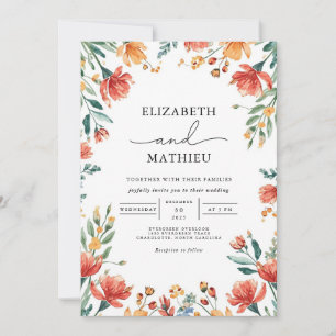 Warm Coral and Green Floral Garden Wedding Invitation