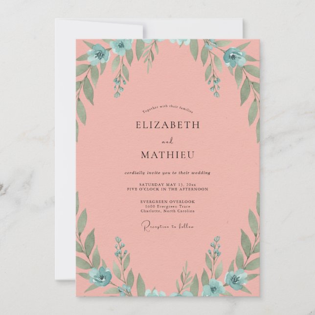 Warm Coral Aqua Leafy Wedding Invitation (Front)