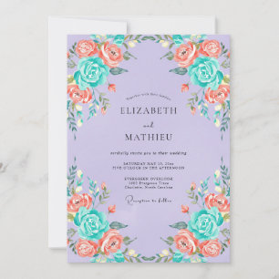 Warm Coral Turquoise Peony Wedding Invitation