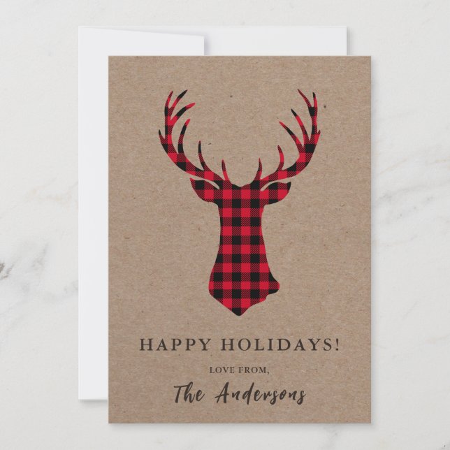 Warm Cosy Deer Kraft Plaid Christmas Holiday Card (Front)