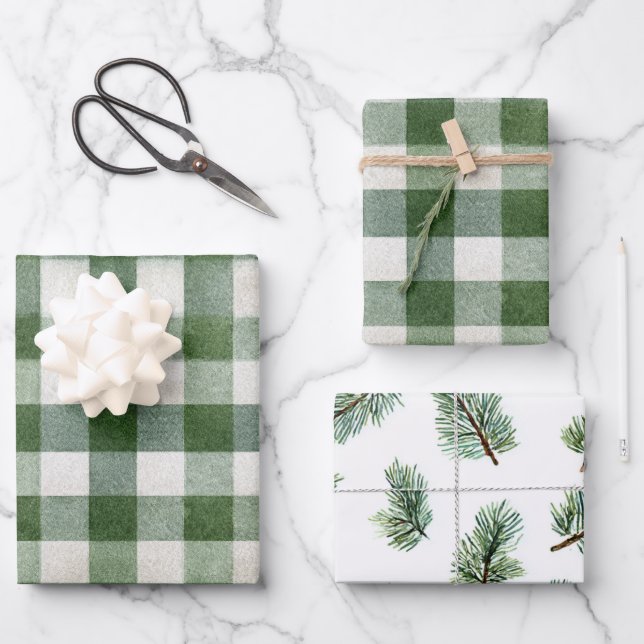 Warm Cream Green Plaid Stripes Christmas Wrapping Paper Sheet (Front)