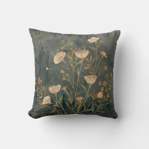 Warm Dark Grey Peach Sage Vintage Wildflower Cushion