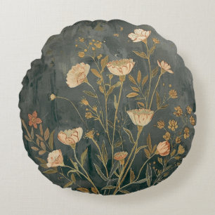 Warm Dark Grey Peach Sage Vintage Wildflower Round Cushion