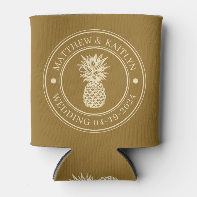 Warm Desert Pineapple Wedding Crest & Names Can Cooler (Front)