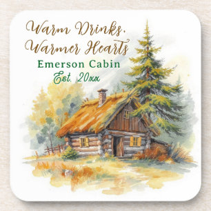 Warm Drinks, Warmer Hearts, Log Cabin Personalised Coaster