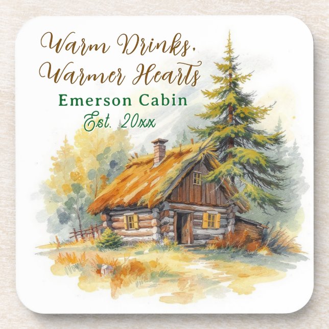 Warm Drinks, Warmer Hearts, Log Cabin Personalised Coaster (Front)