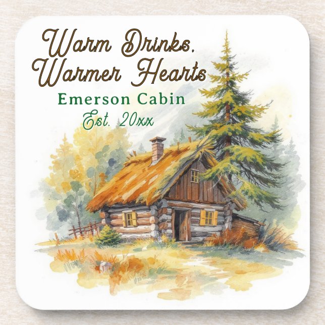 Warm Drinks, Warmer Hearts, Log Cabin Personalized Coaster (Front)