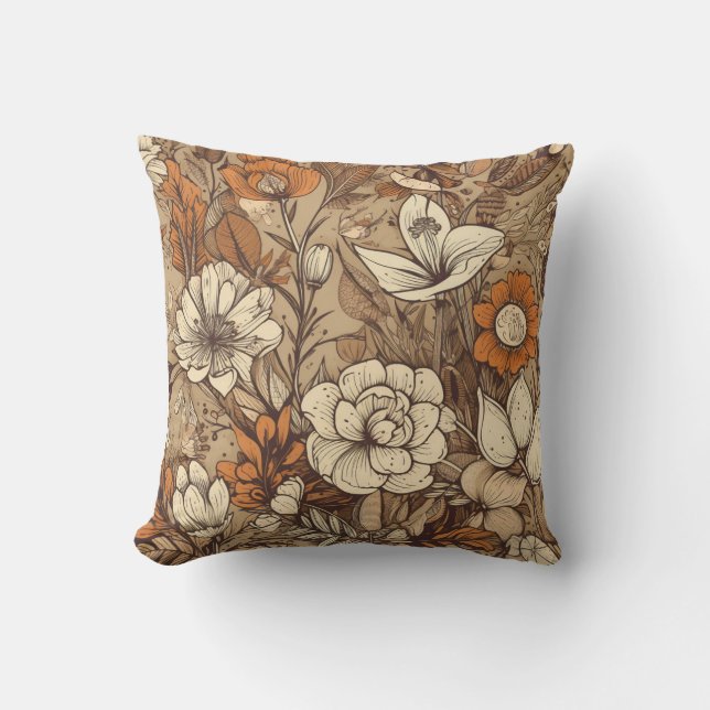 Warm Earth Tone Bohemian Floral Throw Pillow (Front)