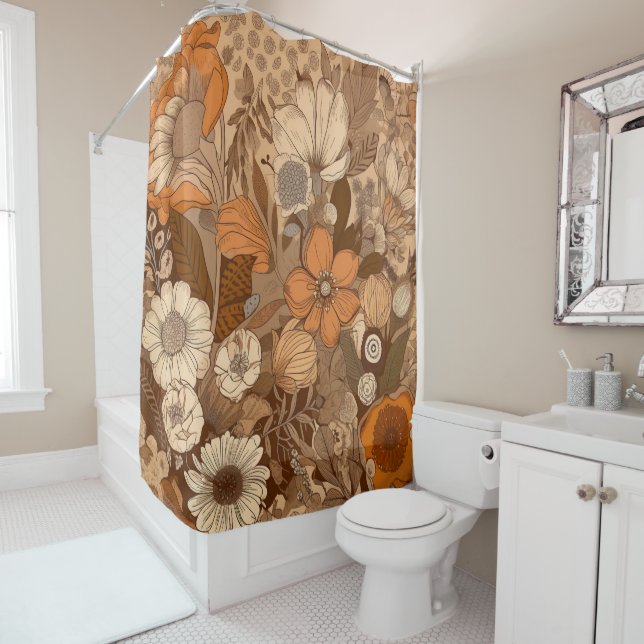 Warm Earth Tones Boho Floral Shower Curtain (In Situ)