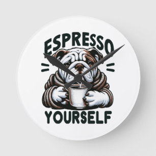 Warm Espresso Bulldog - Cosy Coffee  Round Clock