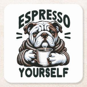 Warm Espresso Bulldog - Cosy Coffee Square Paper Coaster
