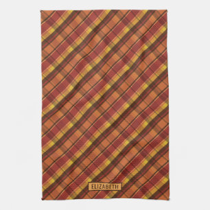Warm Fall Tones Autumn Plaid Pattern & Name Tea Towel