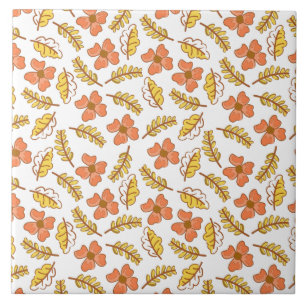 Warm Falling Autumn Leaves with Flowers Ceramic Tile