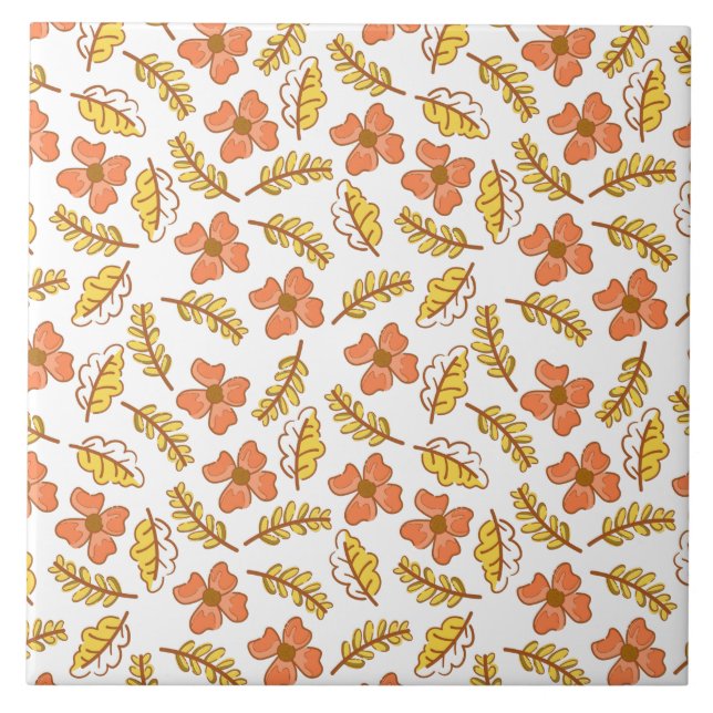 Warm Falling Autumn Leaves with Flowers Ceramic Tile (Front)