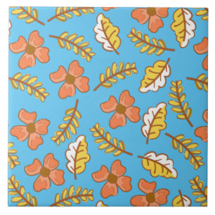 Warm Falling Autumn Leaves with Flowers Ceramic Tile