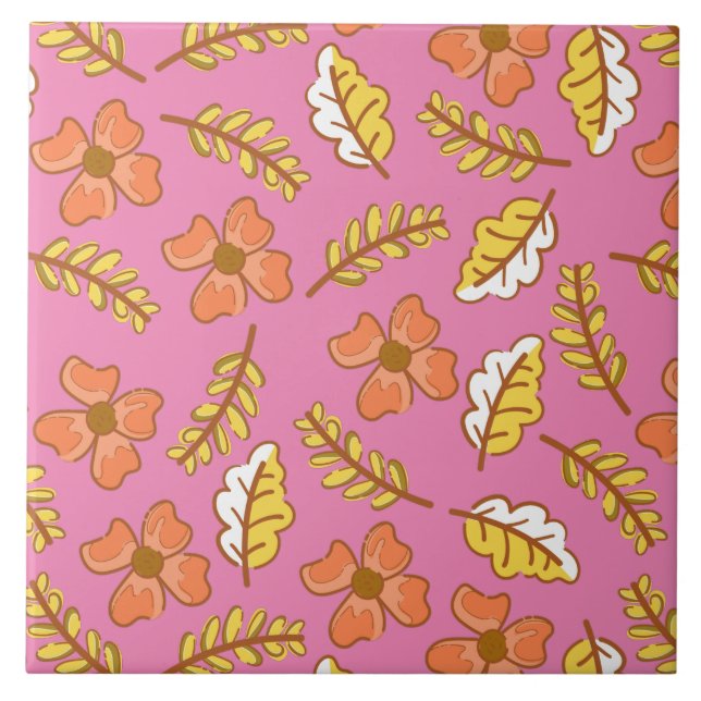 Warm Falling Autumn Leaves with Flowers Ceramic Tile (Front)