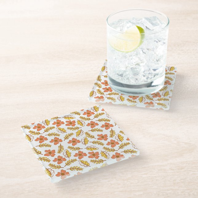 Warm Falling Autumn Leaves with Flowers Glass Coaster (Angled)