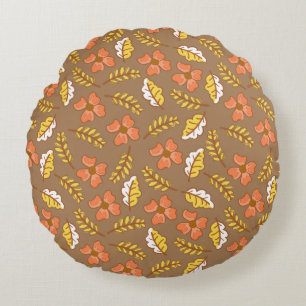 Warm Falling Autumn Leaves with Flowers Round Cushion