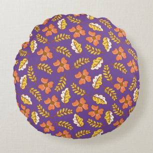 Warm Falling Autumn Leaves with Flowers Round Cushion