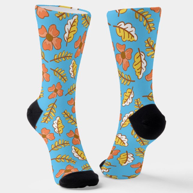 Warm Falling Autumn Leaves with Flowers Socks (Angled)