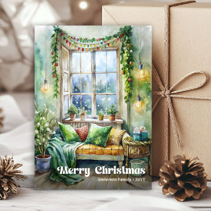 Warm festive scene card vintage holiday watercolor