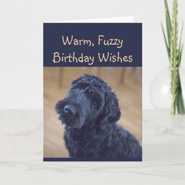 Warm, Fuzzy Birthday Wishes Cute Black Dog Card (Front)