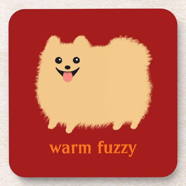 "Warm Fuzzy" Cute Pomeranian with Custom Text Coaster (Front)