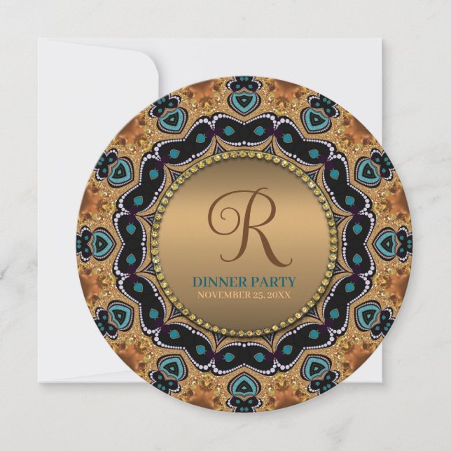 Warm Gold and Teal Moroccan Sparkle Dinner Party Invitation (Front)