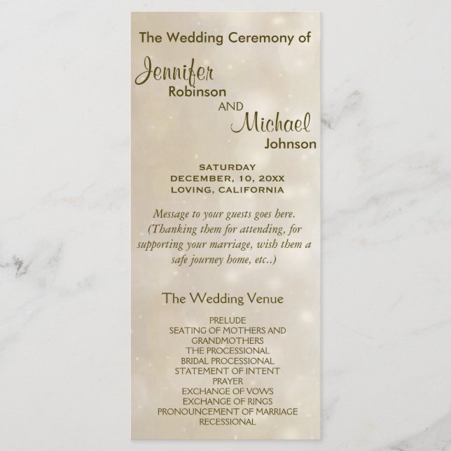 Warm Gold Bokeh Wedding Program (Front)