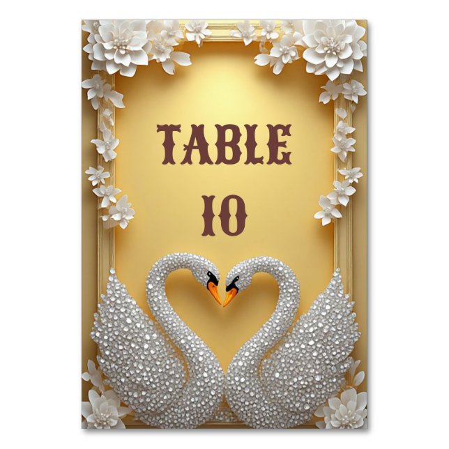 Warm Gold Crystal Swan Couple Theme Table Number (Front)