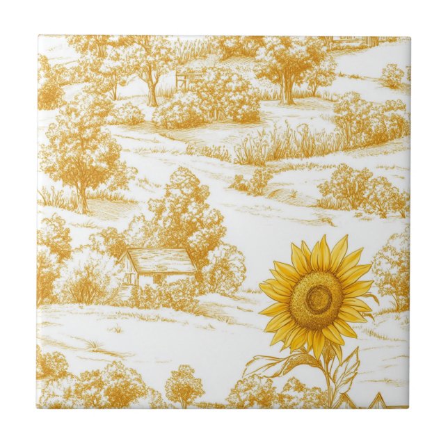 Warm Gold Farmhouse Sunflower Toile Pattern Ceramic Tile (Front)
